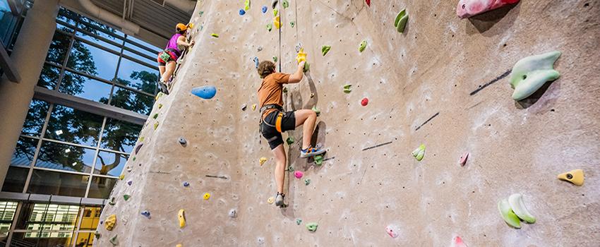 Two students climbing the rock wall.