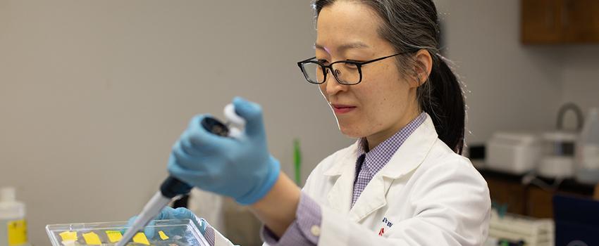 Physician-scientist Ji Young Lee, M.D., Ph.D. working in lab.