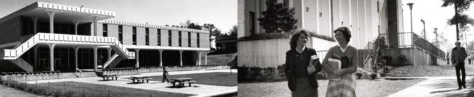 Black and white image of students walking on campus and old building image.