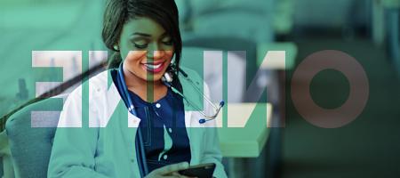 Online Nursing Programs text over nurse image.